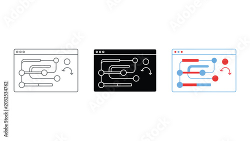 Website user journey mapping and flow path navigation icon with nodes and connection lines for UI UX design and customer experience analysis in clean modern vector graphic style set