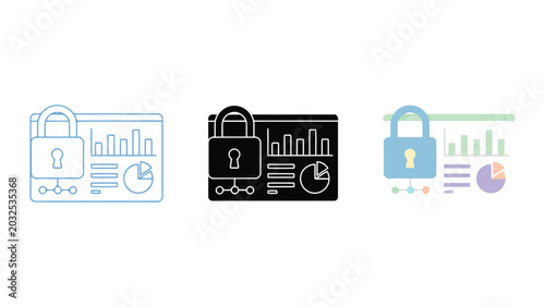 Secure data analysis dashboard icon set featuring padlock and financial charts for information protection and privacy monitoring in outline solid and colorful flat vector graphic styles for security