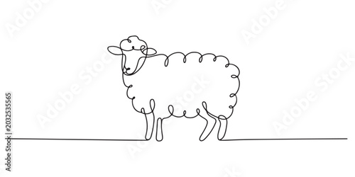 Sheep  in a continuous one line art style, featuring a simple and modern black outline sketch of the farm animal with curly wool and a gentle expression