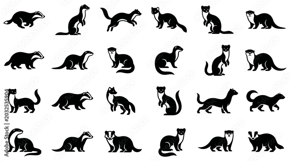Fototapeta premium Detailed black silhouette collection of various mustelid animals, including badgers, weasels, ferrets, and minks, showcasing different postures for wildlife themes