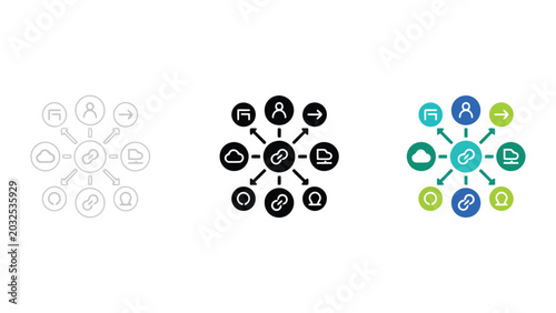Bilde på lerret Centralized link network icon set with nodes and connected peripheral elements i