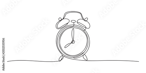 alarm clock continuous one line drawing, Continuous one line drawing of vintage alarm clock vector design, Clock drawn symbol. One line art continuous icon, Hand drawn vector illustration.