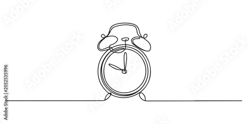 alarm clock continuous one line drawing, Continuous one line drawing of vintage alarm clock vector design, Clock drawn symbol. One line art continuous icon, Hand drawn vector illustration.