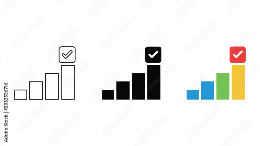Naklejka premium Set of three bar chart icons with check marks for progress tracking and task completion status in flat line and solid design styles