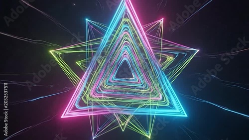 Vibrant neon triangles and glowing lines create an abstract futuristic tunnel.