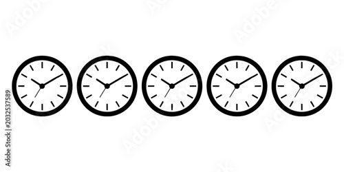 Clocks analog set with black frames and white faces showing different times featuring time, collection, icons with graphic and design elements for