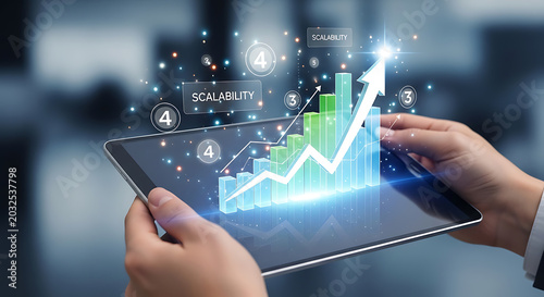 Businessman holding digital tablet displaying financial growth chart and scalability data
