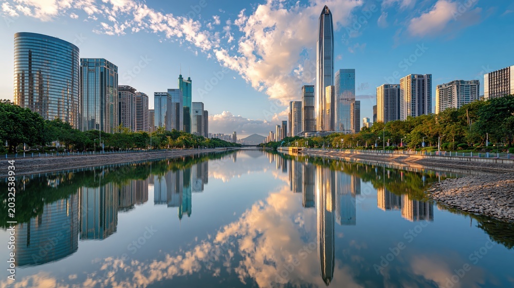 Fototapeta premium Modern Cityscape Reflections on Calm Water Under a Blue Sky with Clouds