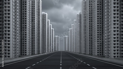 Monochromatic cityscape with identical apartment buildings lining an empty road under a cloudy sky