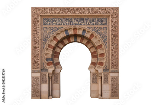 Ornate arabic horseshoe arch with intricate stone carvings, geometric patterns, and arabic calligraphy isolated on black background