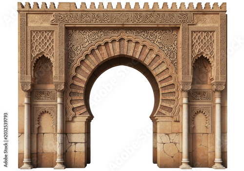 Ornate arabic arch gate with intricate stone carvings, geometric patterns, and islamic calligraphy isolated on a black background