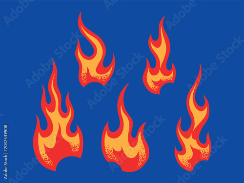 Cartoon flames set. Red and orange hot rod flame elements isolated on blue background. Vintage tattoo style bonfire collection for sticker design, racing graphics, and streetwear.