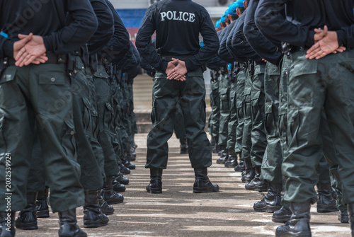 Outdoor field training in drill and tactical procedures for police cadets.