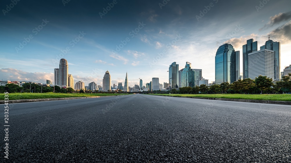 Fototapeta premium Empty asphalt road leading towards a modern city skyline with skyscrapers under a dramatic sky