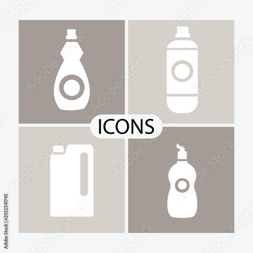 Quadro su tela Minimalist cleaning product icons, 4 flat vector detergent bottle symbols for laundry and household chores, white plastic chemical container silhouettes on neutral beige background graphics