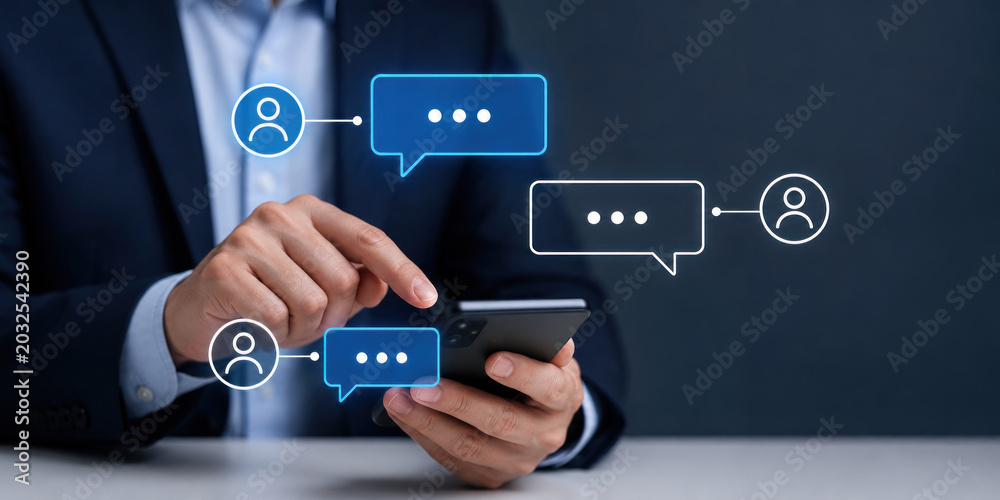 Naklejka premium A businessman using a smartphone with chat icons floating above it