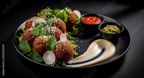 A plate of crispy falafel with tahini, spicy sauce, and fresh herbs
