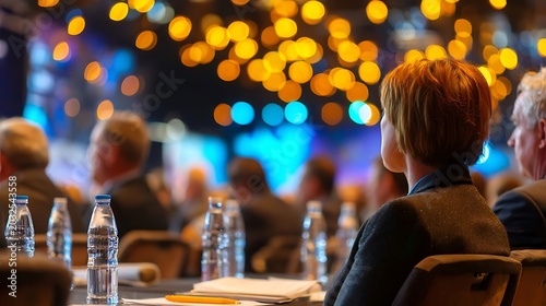 Audience members seated at tables with bottled water, looking towards a stage with bokeh lights during an event