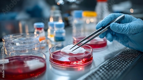 Scientist in blue gloves uses tweezers to handle a white substance in a petri dish filled with red liquid in a laboratory setting
