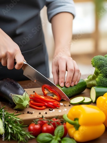 Professional chef hands slicing fresh colorful vegetables on a wooden cutting board