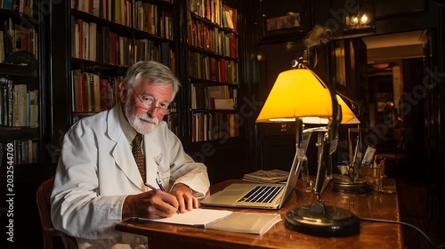 Elderly man in a white lab coat and brown tie sits at a desk in a library, writing in a notebook under a warm desk lamp