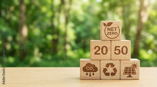 Wooden blocks with net zero 2050 text and icons of co2 reduction, recycling, and solar energy on a wooden table against a blurred green forest