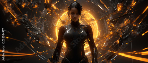A powerful futuristic woman in a sleek dark suit stands before a glowing orange energy portal with abstract geometric elements.