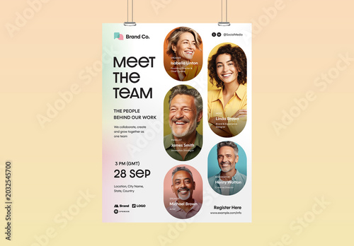 Meet The Team Flyer Template, Corporate Staff Poster, Company Profile, Employee Spotlight Design