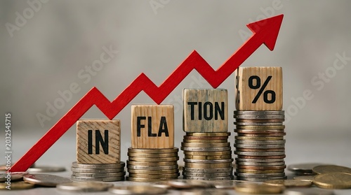 Inflation concept with wooden blocks spelling the word inflation on stacks of coins with a red rising arrow chart indicating economic growth or rise