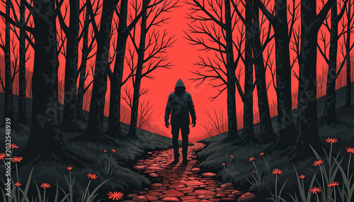 Figure in hoodie walking down path in dark forest with red sky  
