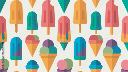 Colorful ice cream cones vector illustration set on geometric background