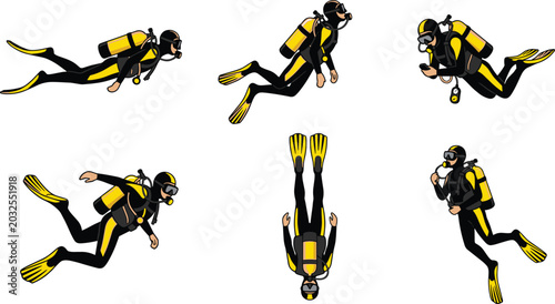 Quadro su tela Vector illustration collection of scuba divers in black and yellow wetsuits swimming underwater in different active poses