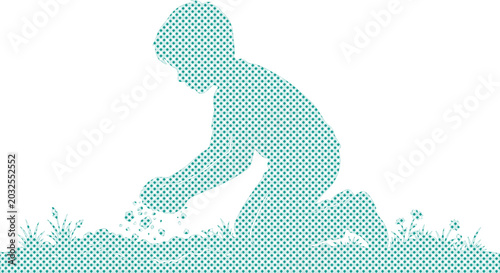 Canvastavla Child planting seeds, a silhouette vector illustration of a young boy gardening, nurturing nature, and engaging in outdoor activity, perfect for educational and environmental themes