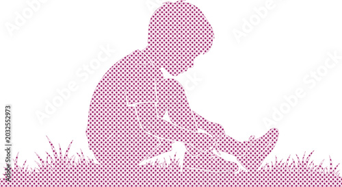 Bild auf Leinwand Child silhouette in a playful cross-stitch style, a young boy sitting in grass,