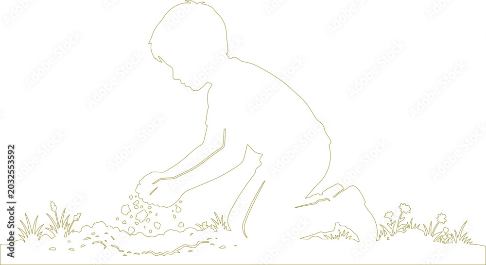 Fototapeta premium Child playing in dirt, young boy planting seeds, gardening activity, kids outdoor play, nature exploration, childhood development, vector illustration isolated on White Background
