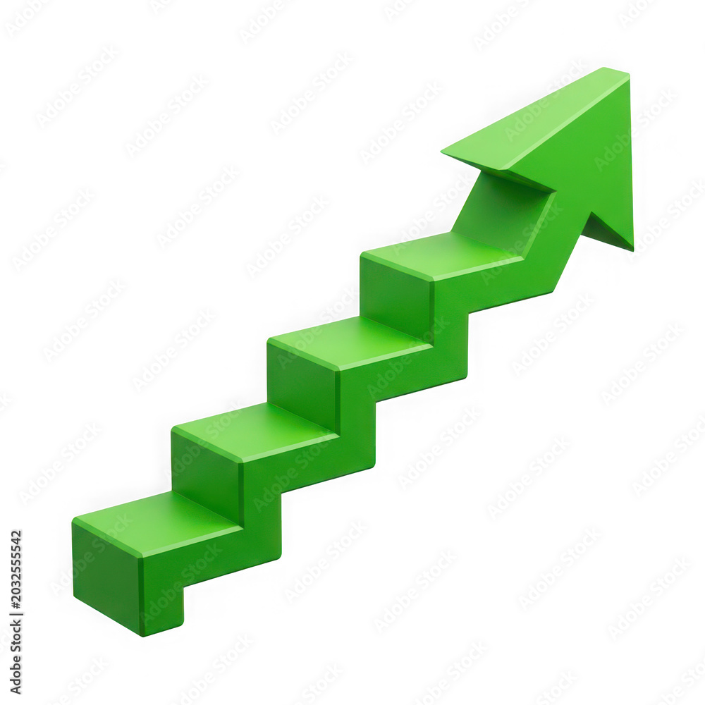 Fototapeta premium 3D green arrow pointing upward with realistic financial success concept isolated on transparent background