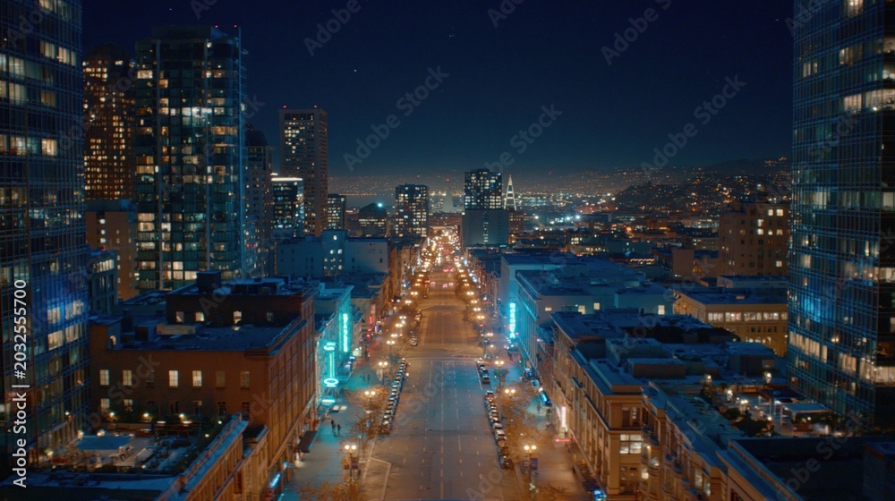 Fototapeta premium Vibrant Cityscape at Night with Illuminated Streets and Towering Skyscrapers
