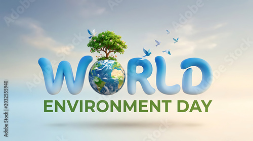 World environment day globe with tree and birds on blue gradient background
