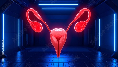 Digital illustration of female reproductive system, glowing red uterus, fallopian tubes, and ovaries against futuristic blue background, symbolizing anatomy, medical visualization, and education.