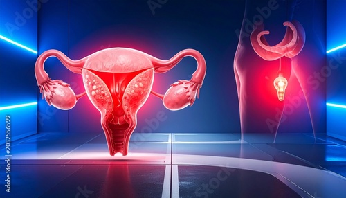 Digital illustration of female reproductive system, glowing red uterus, fallopian tubes, and ovaries against futuristic blue background, symbolizing anatomy, medical visualization, and education.