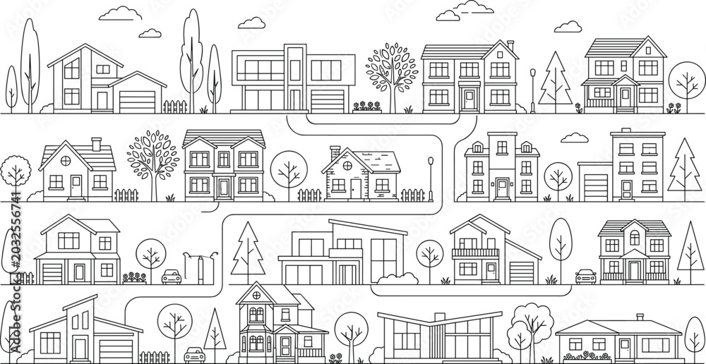 Obraz premium City House and Neighborhood Line Art Vector Set Featuring Residential Buildings, Trees, Roads, and Urban Street Elements for Websites, Apps, and Digital Designs