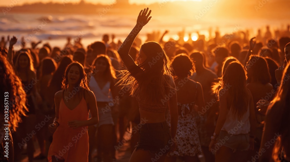 Fototapeta premium Vibrant sunset beach party with silhouetted joyful crowd dancing and celebrating during golden hour
