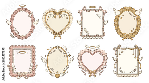 Tableau sur toile Collection of cute, decorative frames with angelic and whimsical elements like feathers and halos