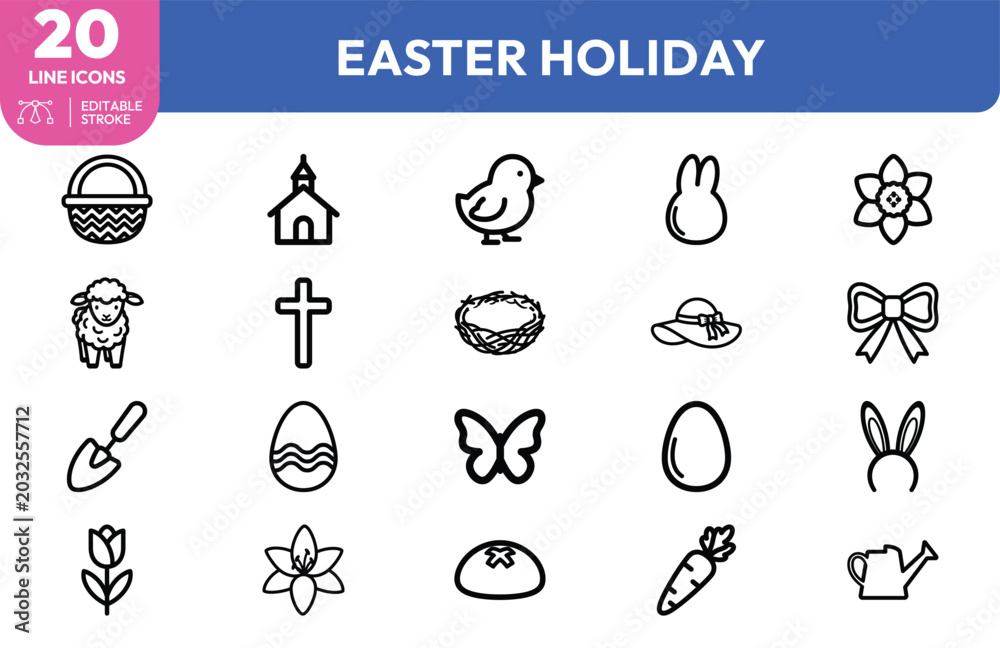 Naklejka premium Easter Holiday icon set. Containing basket, church, chick, bunny, flower, and more. Editable stroke. Vector illustration.