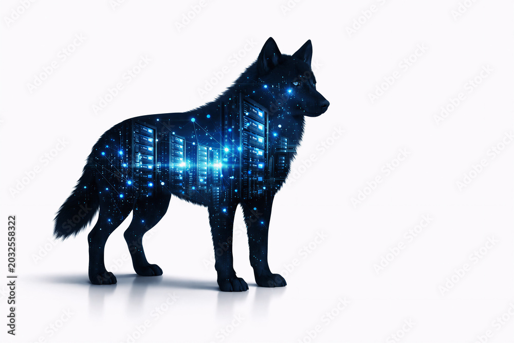 Fototapeta premium Double exposure of a wolf silhouette and a modern data center server room with glowing blue network connections, big data and security concept, 3d render