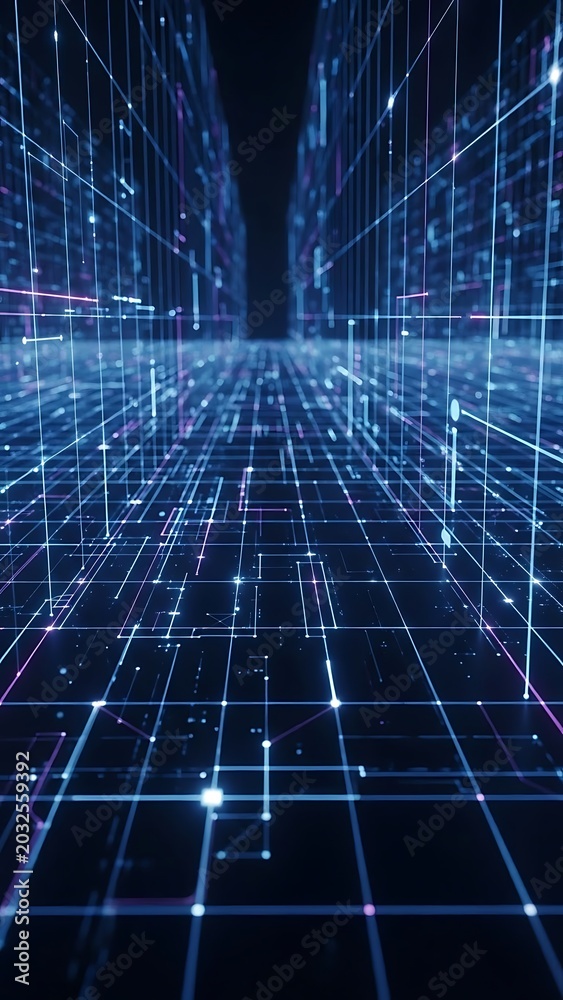 Naklejka premium Abstract Digital Technology Grid Network with Glowing Data Connections in Cyber Space
