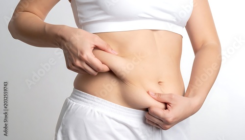 Woman pinching excess belly fat.