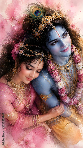 Romantic Radha Krishna embracing divine love Vrindavan Hindu mythology spiritual devotion soft pink aura artistic Radha Krishna artwork