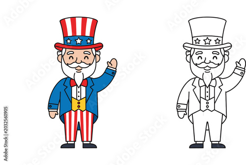 Uncle Sam Cartoon Character and Line Art Set, Cute Patriotic American Symbol for Independence Day 4th of July, Vector Illustration for Coloring Book and Holiday Design