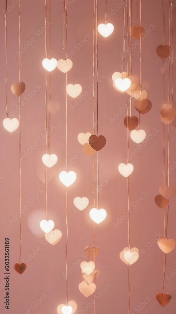 Fototapeta premium Hanging heart lights on warm background